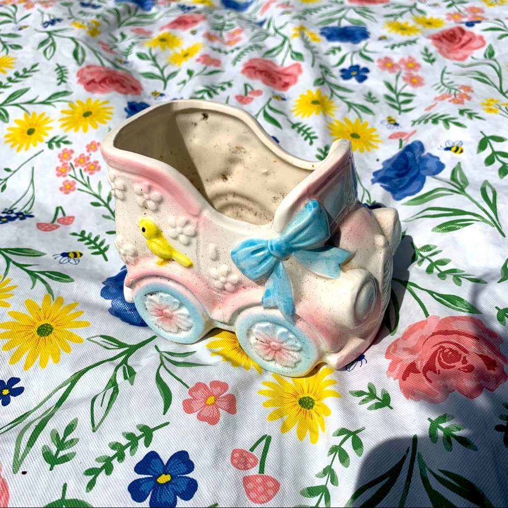 Pastel Floral Vintage Antique Small Vehicle Planter/ Container! Ceramic Japan!